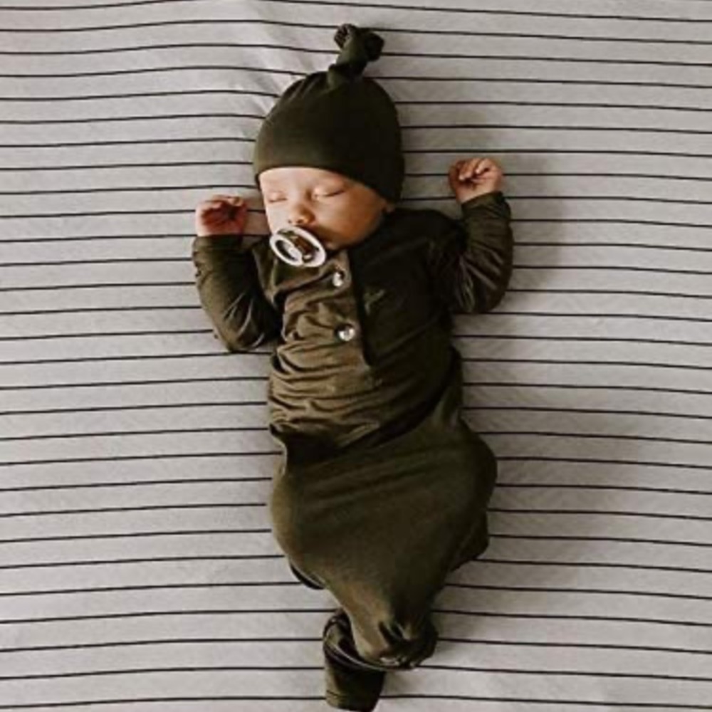 Olive green newborn gown with hat.